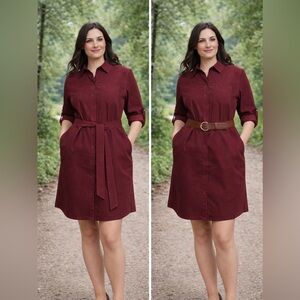 Lands' End Burgundy Corduroy Button Up Dress Pockets NWT